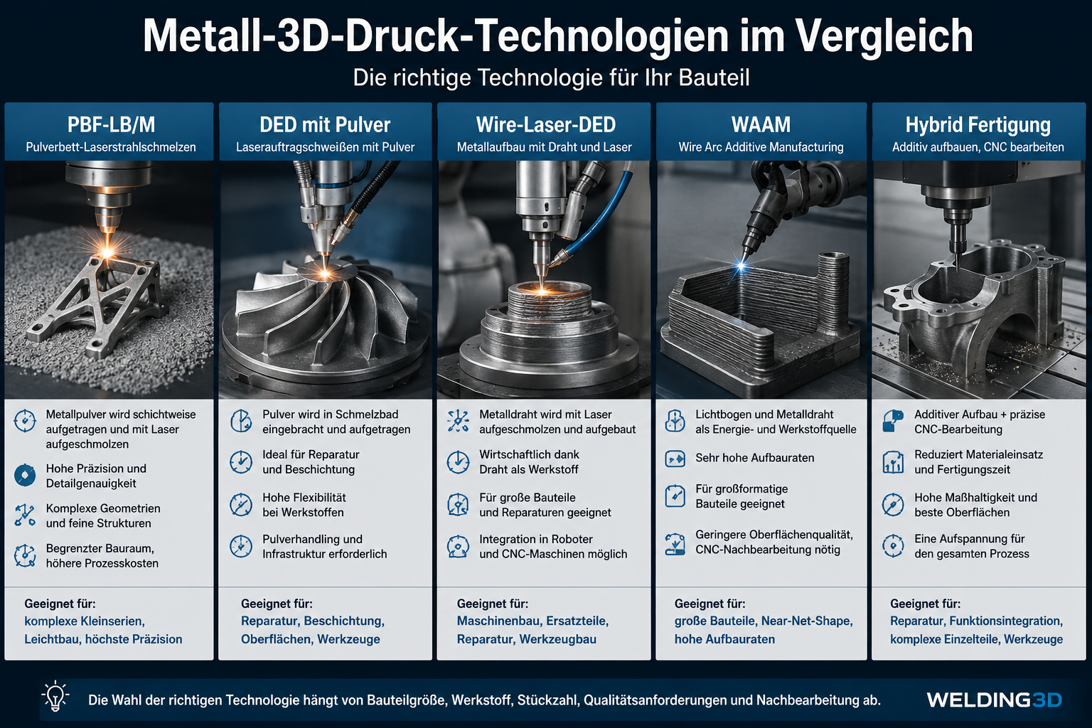Metall-3D-Druck-Technologien im Vergleich: PBF, DED, WAAM und Hybrid
